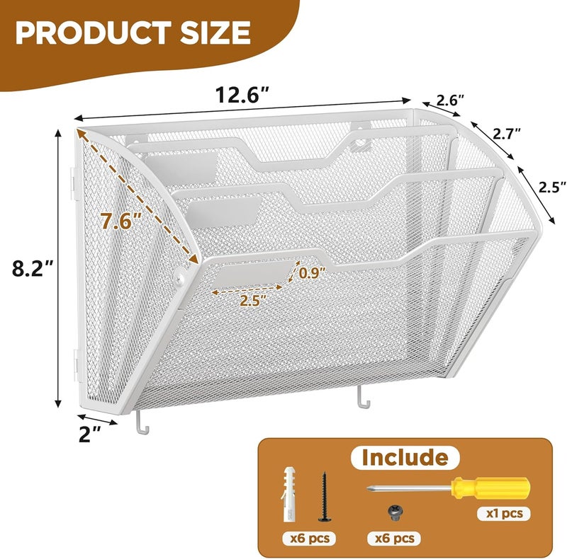 Docnest 3 Tier Mesh Wall File Holders with Hooks – 3 Pack Hanging Letter Holder - Document Organizer for Mail, Paper, Office, Home, School – Space-Saving Wall Mounted Folder Holder – White - Image 2